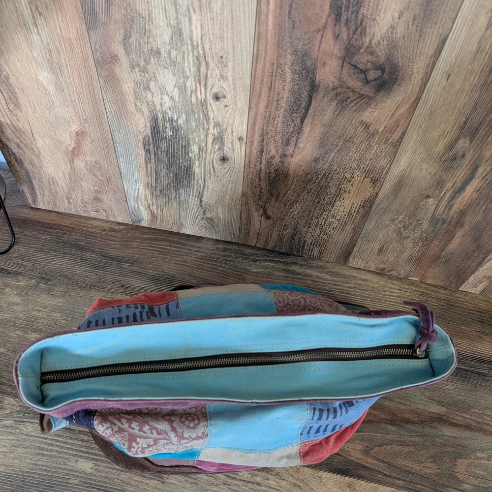 Lucky Brand Oversized Patchwork Suede Canvas Tote Vintage Adjustable Purse Bag - Picture 12 of 15